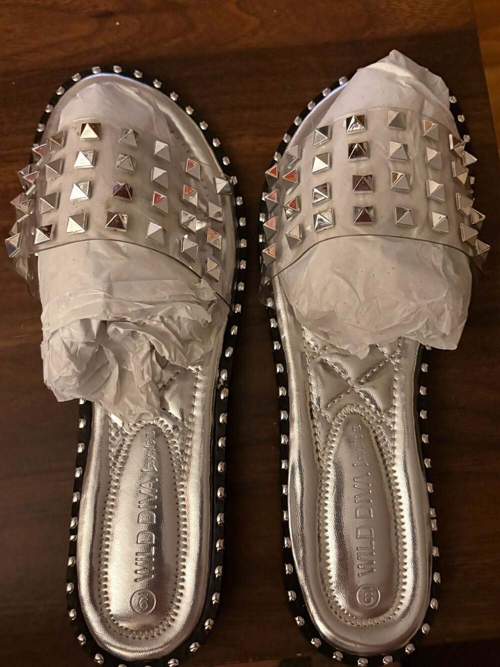Wild Diva Lounge Silver Quilted Studded Clear Strap Flat Slide Sandals Size 9
